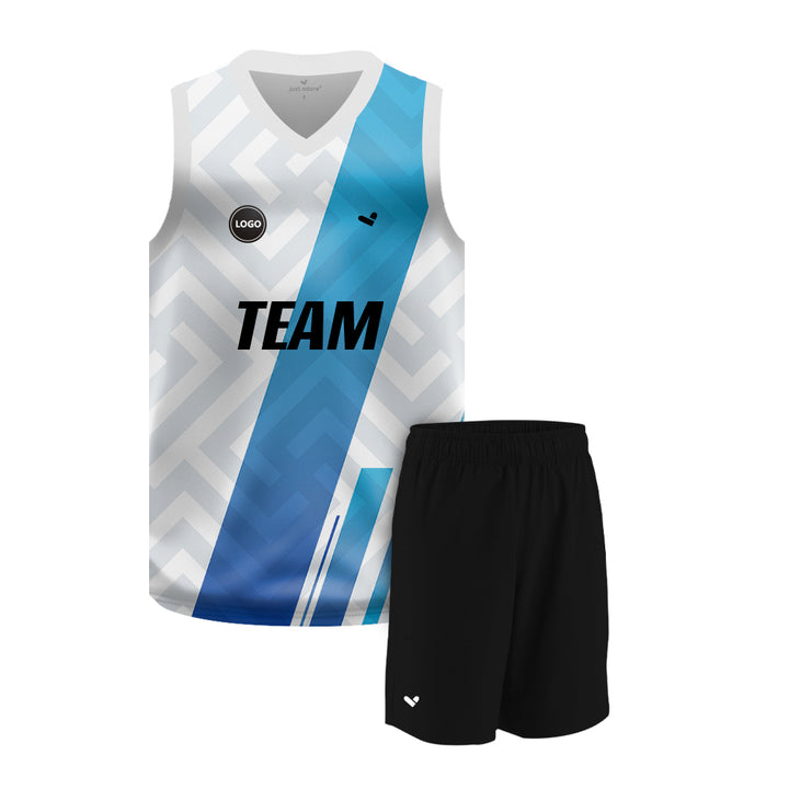 Blue & White Sublimation printed basketball uniform jersey and Plain Shorts, MOQ 6 Pcs - Just Adore