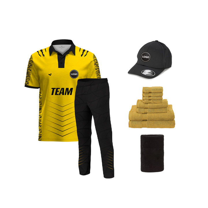 Black & Yellow Cricket Team Uniform Set - Full Sublimation, MOQ - 11 Sets - Just Adore