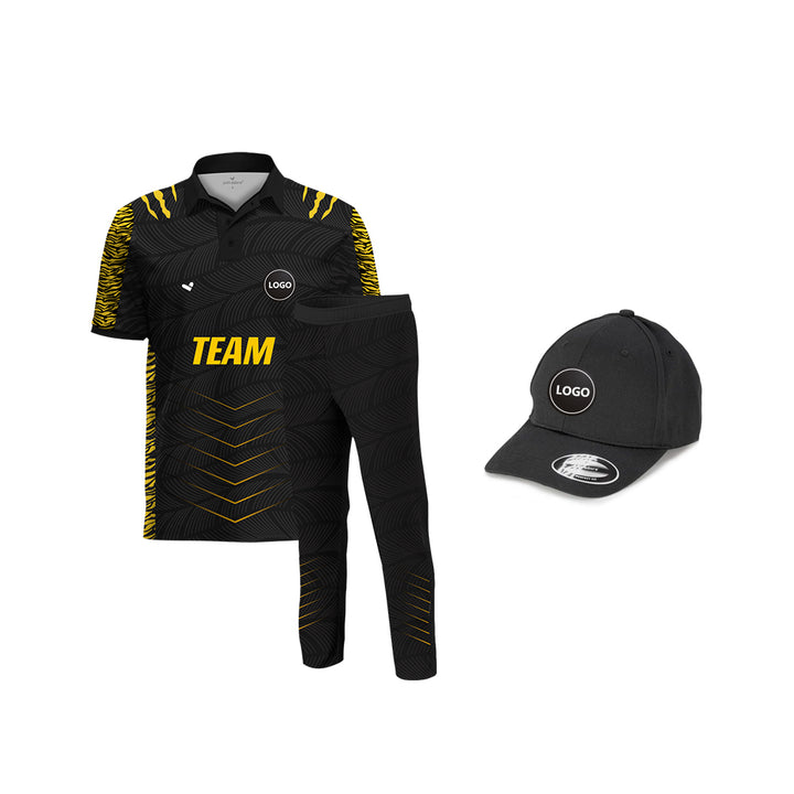 Black & Yellow Cricket Team Uniform Set - Full Sublimation, MOQ - 11 Sets - Just Adore