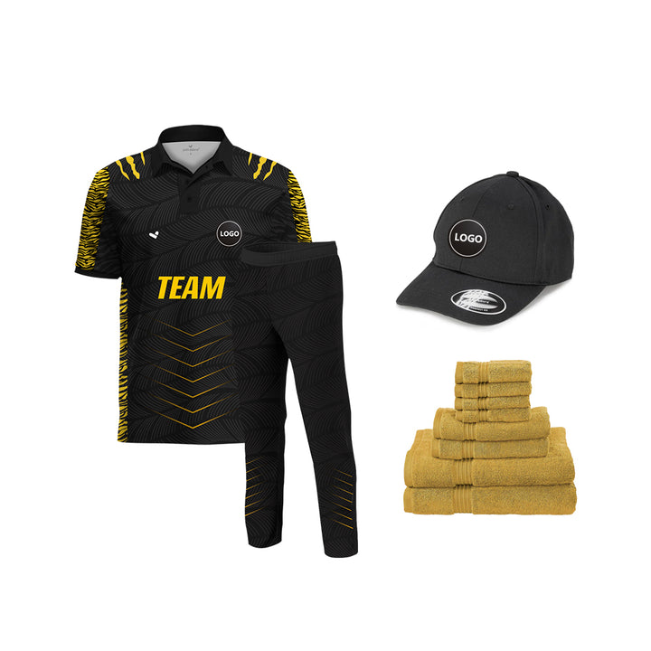 Black & Yellow Cricket Team Uniform Set - Full Sublimation, MOQ - 11 Sets - Just Adore