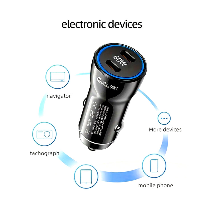 Fast Car Charger 2024, PD 60W Dual USB C Port, Fast charging - Just Adore