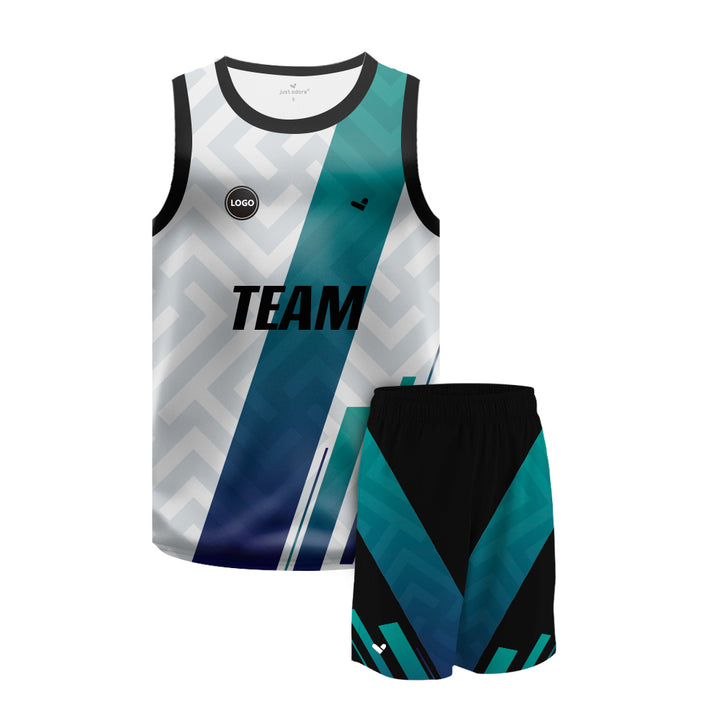 Blue & White Sublimation printed basketball uniform jersey and Shorts, MOQ 6 Pcs - Just Adore