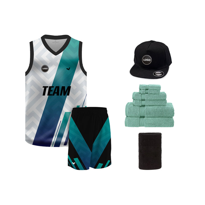 Blue & White Sublimation printed basketball uniform jersey and Shorts, MOQ 6 Pcs - Just Adore