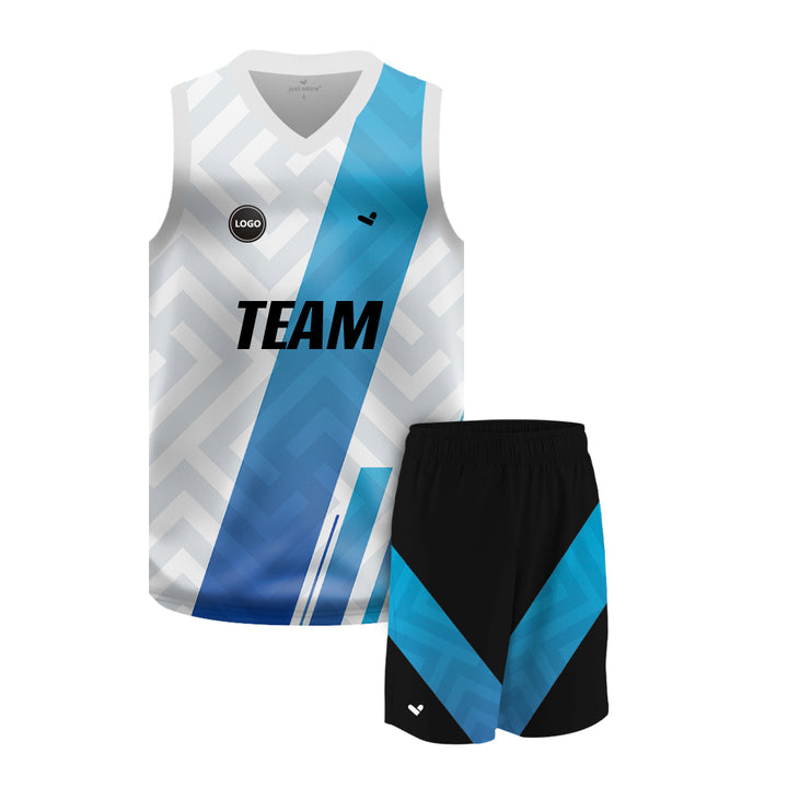 Blue & White Sublimation printed basketball uniform jersey and Shorts, MOQ 6 Pcs - Just Adore