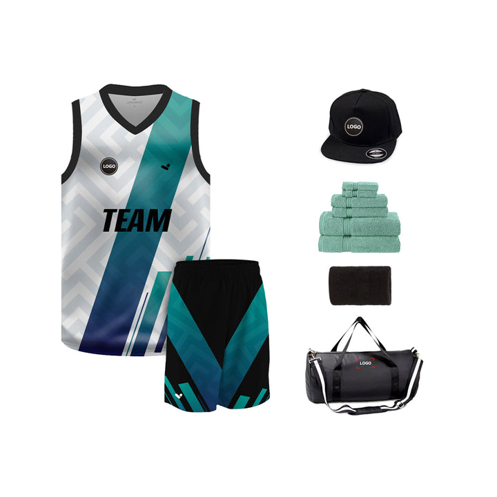 Blue & White Sublimation printed basketball uniform jersey and Shorts, MOQ 6 Pcs - Just Adore