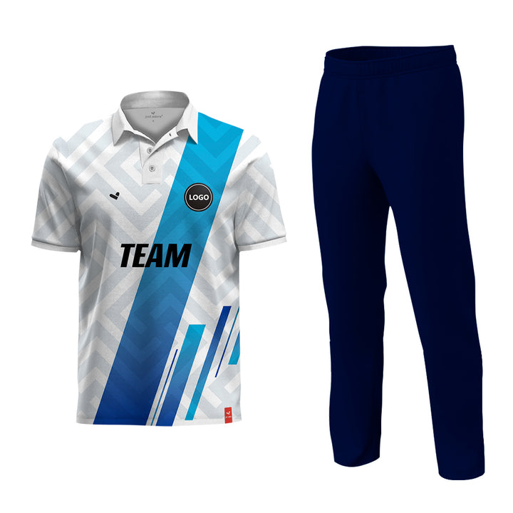 White and Blue Cricket Printed jersey and Plain Pant - MOQ 11 Sets - Just Adore