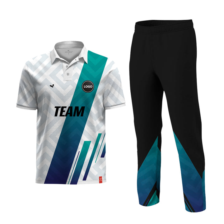 Blue and White Full Sublimation Cricket Team Uniform set, MOQ - 11 Sets - Just Adore