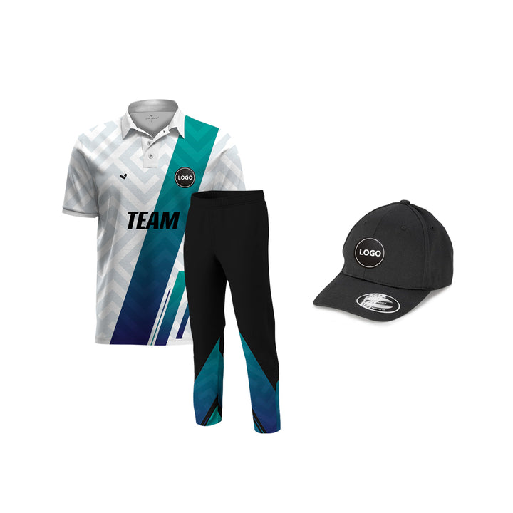 Blue and White Full Sublimation Cricket Team Uniform set, MOQ - 11 Sets - Just Adore