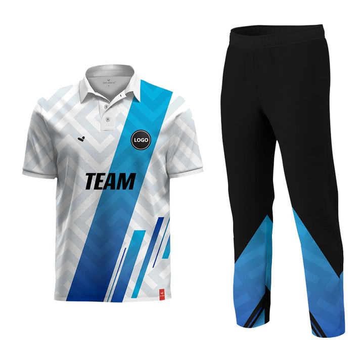 Blue and White Full Sublimation Cricket Team Uniform set, MOQ - 11 Sets - Just Adore