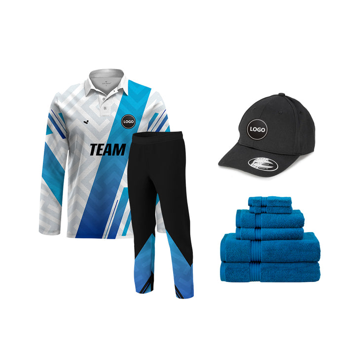 Blue and White Full Sublimation Cricket Team Uniform set, MOQ - 11 Sets - Just Adore