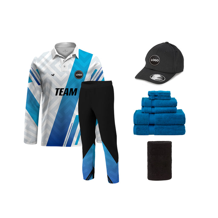 Blue and White Full Sublimation Cricket Team Uniform set, MOQ - 11 Sets - Just Adore