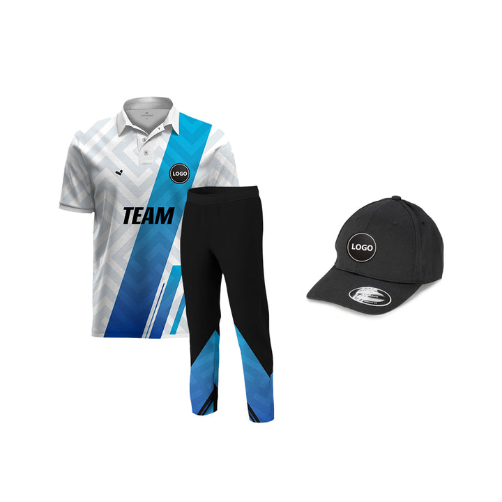 Blue and White Full Sublimation Cricket Team Uniform set, MOQ - 11 Sets - Just Adore