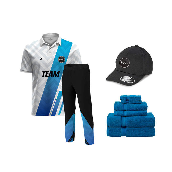 Blue and White Full Sublimation Cricket Team Uniform set, MOQ - 11 Sets - Just Adore