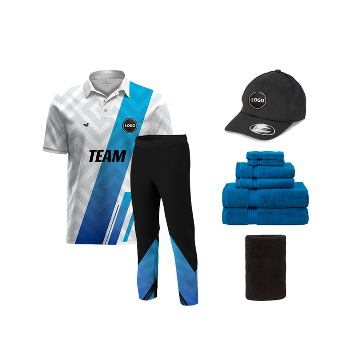 Blue and White Full Sublimation Cricket Team Uniform set, MOQ - 11 Sets - Just Adore