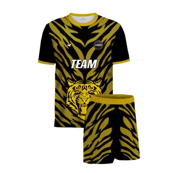 Yellow Tiger full sublimation football team uniform jersey set, MOQ 11 Pcs