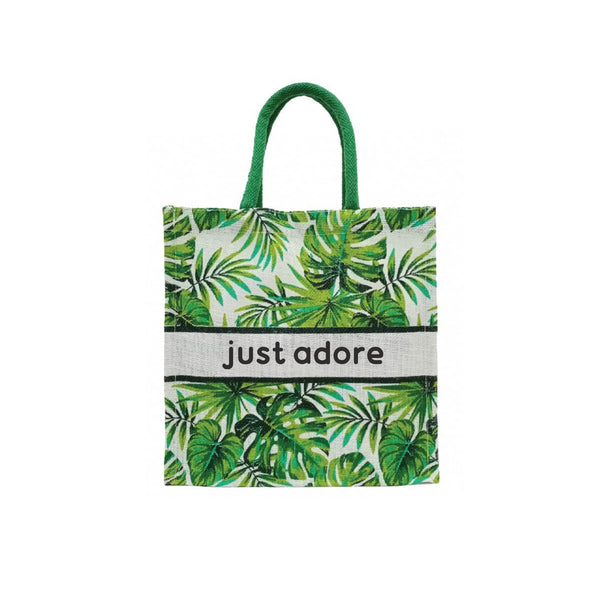 Green Leaf Printed Jute Bags with Padded Handle - Just Adore