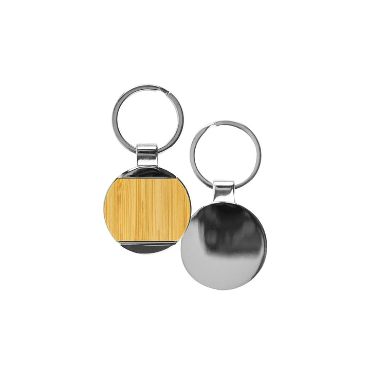 Promotional Round Bamboo and Metal Keychains, Blank - Just Adore