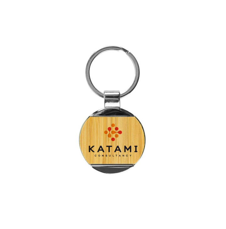 Promotional Round Bamboo and Metal Keychains, Blank - Just Adore