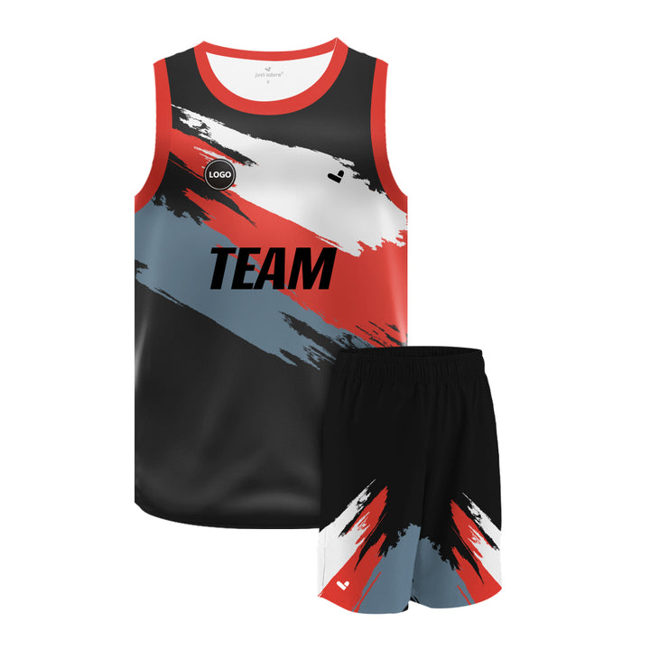 Black & Red design printed basketball uniform jersey and Shorts, MOQ 6 Pcs - Just Adore