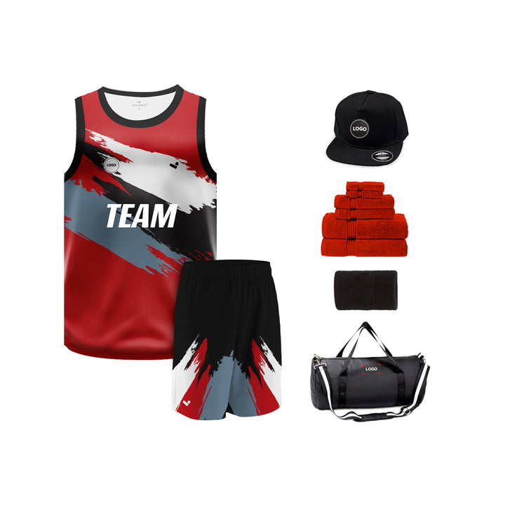 Black & Red design printed basketball uniform jersey and Shorts, MOQ 6 Pcs - Just Adore