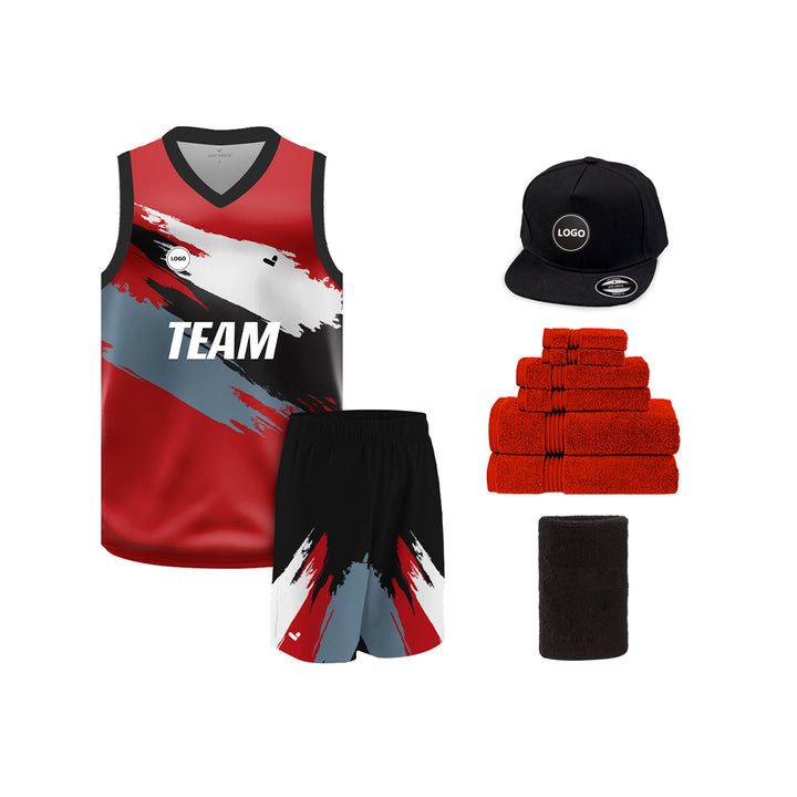 Black & Red design printed basketball uniform jersey and Shorts, MOQ 6 Pcs - Just Adore