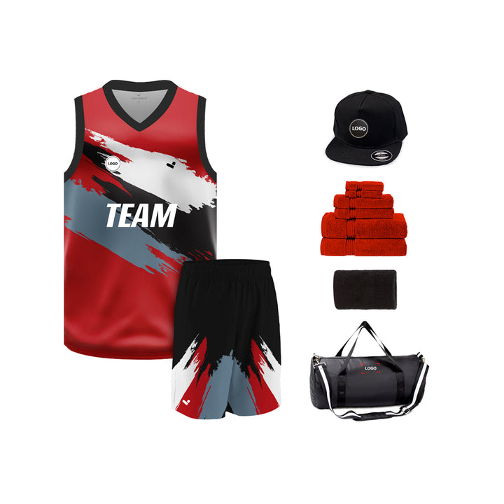 Black & Red design printed basketball uniform jersey and Shorts, MOQ 6 Pcs - Just Adore