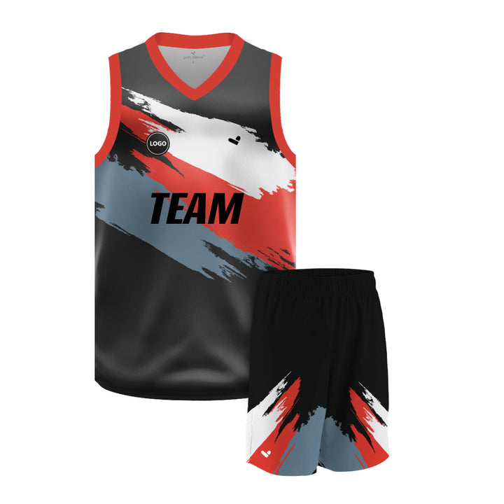 Black & Red design printed basketball uniform jersey and Shorts, MOQ 6 Pcs - Just Adore