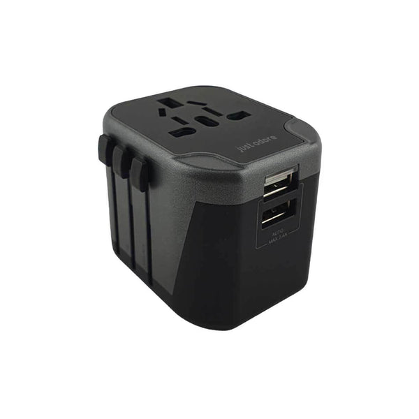 Universal-Reiseadapter mit 2 USB-Anschlüssen und Steckdose, weltweite Stecker